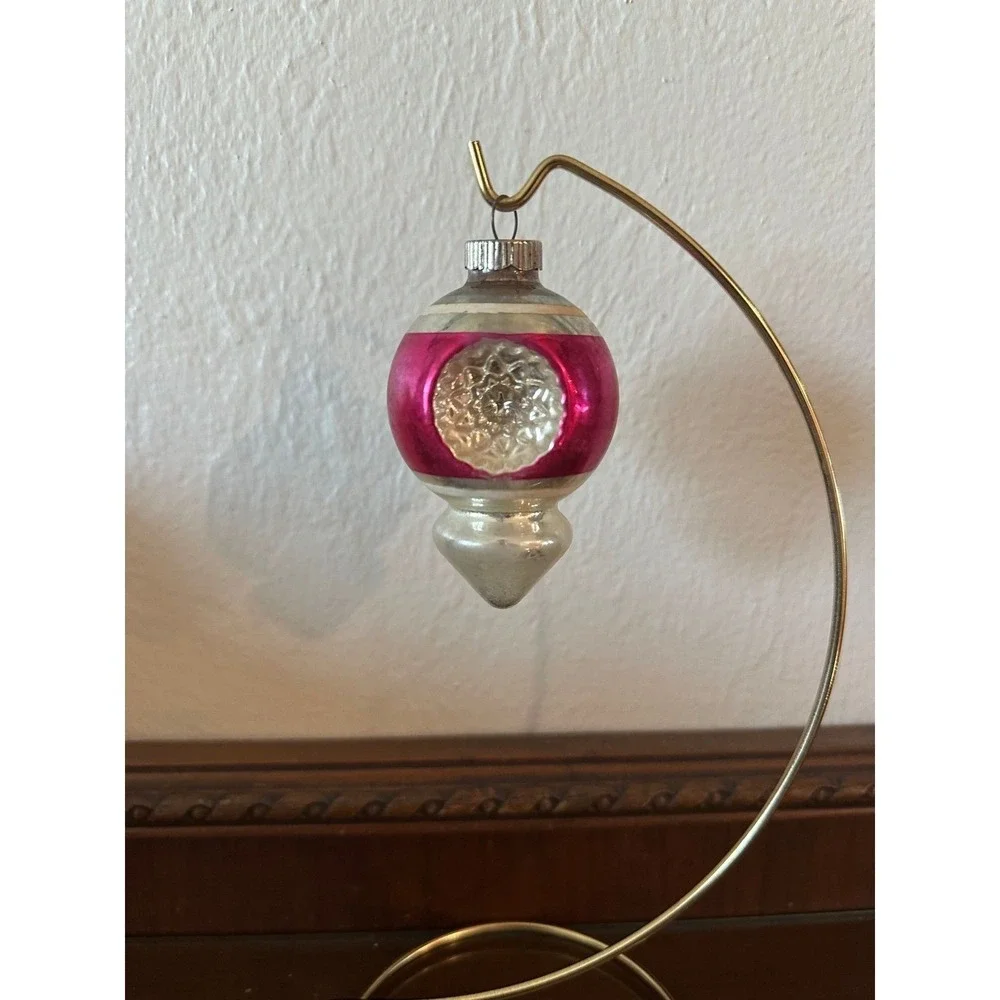 Vtg Shiny Brite 3.5 Pink Double Indent‎ Finial Christmas Ornament Teardrop GLOWS